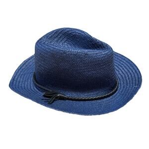 Banana Republic NWT Navy Blue Straw Hat Fedora Western Black Leather Rope Tassel